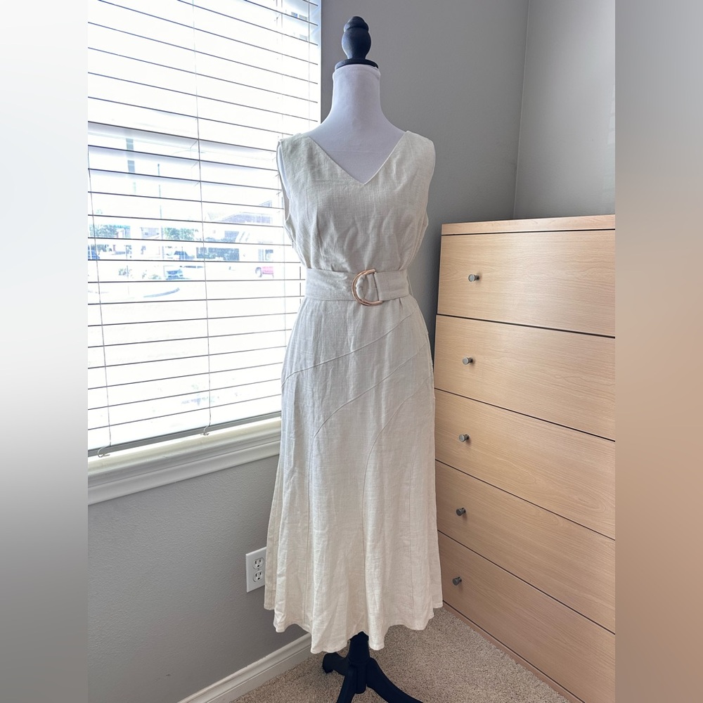 MOTF Cream V-Neck Linen Maxi Dress with Waist Tie-0017